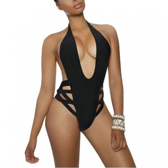 Jacflash Other - JACFLASH x YAZZY Strappy Monokini Swimsuit Plunging Halter Open Back One Piece